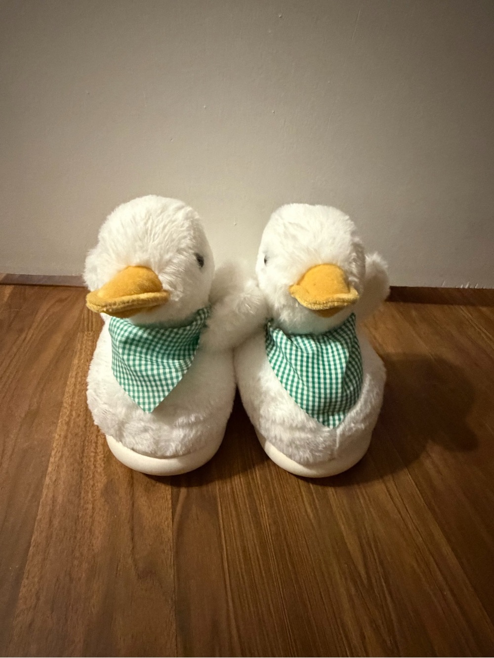 Women’s White Plush Duck Slippers with Green Gingham Bandana